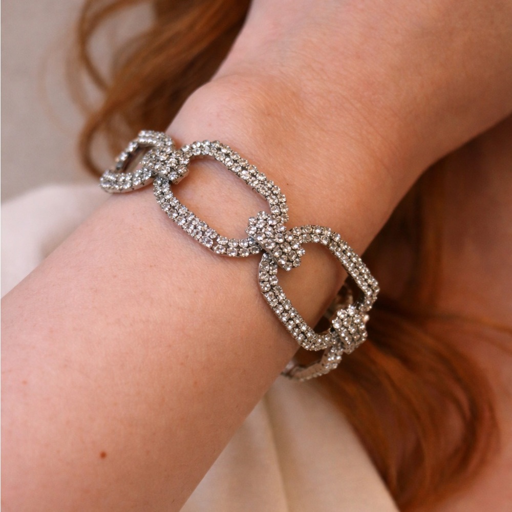 Vintage Rhinestone Link Bracelet - Oversized Statement Silver Tone Glam